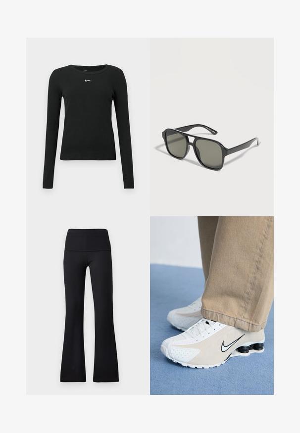 Must pikkade varrukatega lõhnav top soonelise kangaga, millel on ümmargune kaelus ja õrnal valgel Nike logol rinnal.; Mustad soonikkoes lihvitud lehvikpüksid laia vöökohaga, mis on ühtlase tekstuuriga ja ilma nähtava riistvara või mustriteta.; Valged ja beežid Nike'i tossud, millel on perforatsioonimuster, must swoosh-logo, tekstuurne pealis ja eriline veniv must konts.; Musta ristkülikukujuline päikeseprillid tumedate toonitud läätsede ja õhukese raamiga, mis toetuvad helele pinnale.
