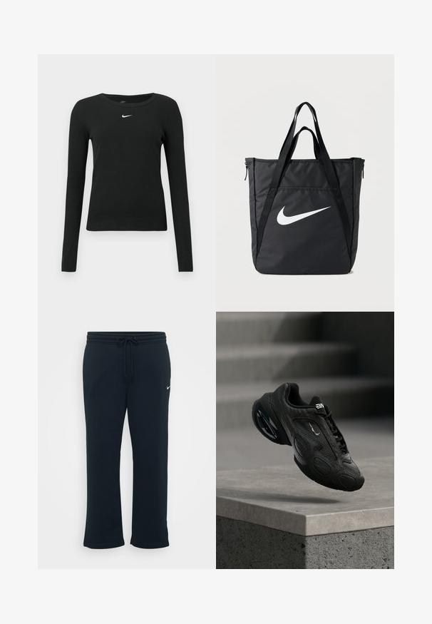 Must pikkade varrukatega lõhnav top soonelise kangaga, millel on ümmargune kaelus ja õrnal valgel Nike logol rinnal.; Mustad mustad koos elastse vöökohtaga ja reguleeritava paelaga. Vasakul küljel on väike valge Nike logo. Pehme kangast tekstuur.; Mustad sportlik jalanõu tekstureeritud nahkpealsega, silmatorkava logoga ja polsterdatud tallaga. Omab abstraktseid mustreid ja sujuvaid, ümarate detailidega aktsente.; Mustast nailonist kandekott kahe õlarihmaga, millel on suur valge Nike logo, tõmblukuga sulgus ja elegantne ristkülikukujuline disain.