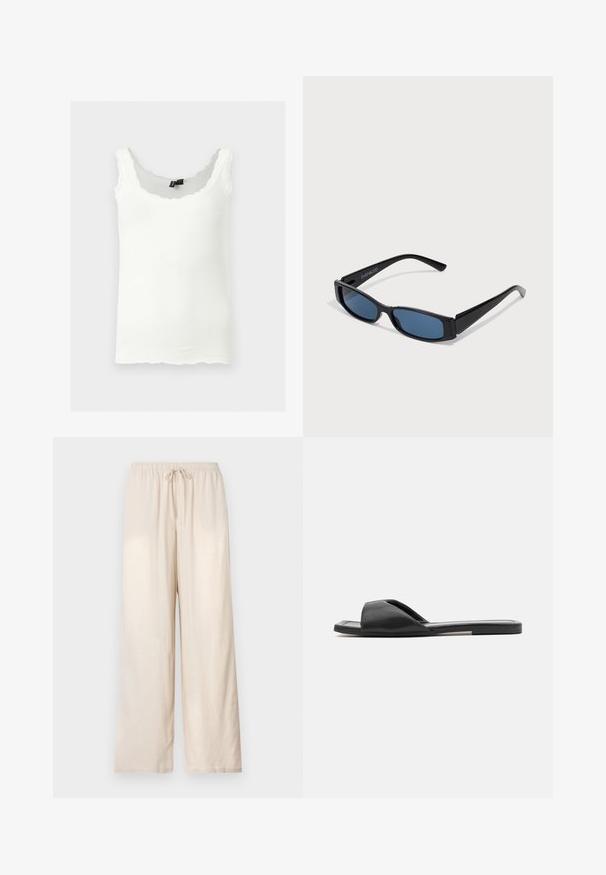 Débardeur blanc côtelé avec bretelles bordées de dentelle et bords festonnés, présenté sur un fond gris clair.; Pantalon beige à coupe ample avec taille élastique et cordon de serrage à l'avant, jambes droites, présenté sur un fond clair uni.; Des sandales en slide noires présentent un matériau synthétique lisse, un design ouvert à l'avant et une semelle plate avec une bande d'accent minimaliste sur le côté.; Lunettes de soleil noires avec une monture rectangulaire élégante et des verres bleus. Présente une texture lisse et des branches robustes. Logo de la marque sur le côté.