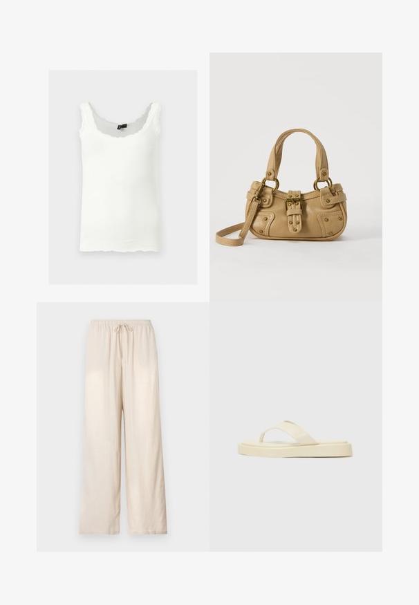 Débardeur blanc côtelé avec bretelles bordées de dentelle et bords festonnés, présenté sur un fond gris clair.; Pantalon beige à coupe ample avec taille élastique et cordon de serrage à l'avant, jambes droites, présenté sur un fond clair uni.; Sandales tongs plates en jaune clair. Fabriquées en caoutchouc lisse avec deux sangles diagonales et une semelle épaisse pour le confort et la durabilité.; Sac à main en cuir beige avec double poignées, boucle en laiton et détails rivetés, ainsi qu'une bandoulière réglable sur fond blanc.