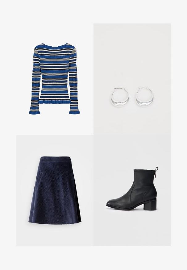 Top de punto acanalado de manga larga con rayas horizontales en azul, negro y blanco, con detalles de ligero volante en los puños y el dobladillo.; Falda de pana azul marino con forma acampanada, que presenta una textura de costillas diagonales y dos bolsillos laterales. Bajo más corto con un borde sin acabar.; Botín negro de cuero hasta el tobillo con un diseño elegante, punta redondeada, costuras texturizadas en la parte superior y un tacón cuadrado. Presenta un cierre de cremallera y un tirador.; Pendientes de aro de plata con un acabado pulido y la marca DKNY, exhibidos sobre un fondo blanco liso.