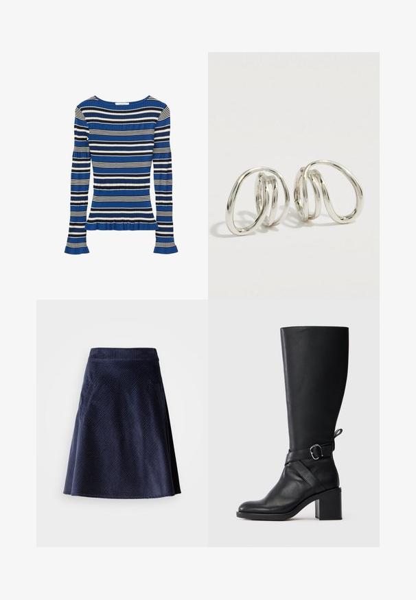 Top de punto acanalado de manga larga con rayas horizontales en azul, negro y blanco, con detalles de ligero volante en los puños y el dobladillo.; Falda de pana azul marino con forma acampanada, que presenta una textura de costillas diagonales y dos bolsillos laterales. Bajo más corto con un borde sin acabar.; Bota de cuero negro hasta la pantorrilla con tacón cuadrado y tira decorativa que presenta un hebilla plateada sobre un fondo claro liso.; Par de pendientes plateados brillantes con diseños abstractos y abiertos en forma de lazo contra un fondo claro y sencillo.