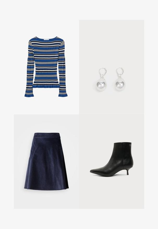 Top de punto acanalado de manga larga con rayas horizontales en azul, negro y blanco, con detalles de ligero volante en los puños y el dobladillo.; Falda de pana azul marino con forma acampanada, que presenta una textura de costillas diagonales y dos bolsillos laterales. Bajo más corto con un borde sin acabar.; Botín de piel negra con puntera puntiaguda y tacón bajo estilo kitten sobre fondo claro, mostrando vista lateral exterior.; Pendientes de plata en forma de gota con superficies redondas y reflectantes colgando de cierres de palanca. El fondo es blanco liso.