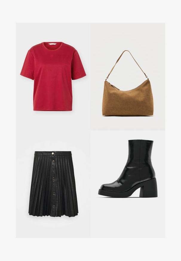 Rotes Kurzarm-T-Shirt aus Baumwolle mit rundem Ausschnitt und kleinem gesticktem Logo zentriert unter dem Ausschnitt, auf weißem Hintergrund dargestellt.; VILA VIAMINA SHORT BUTTON COATED SKIRT - Faltenrock - black; Schwarze Stiefeletten mit glänzender Oberfläche, quadratischer Zehenpartie und dicker Blockabsatz. Das Design zeichnet sich durch eine nahtlose Silhouette und minimalistische Markenkennzeichnung aus.; Braune Wildleder-Umhängetasche mit einem einzelnen Träger und einem Reißverschluss oben, präsentiert vor einem schlichten weißen Hintergrund.