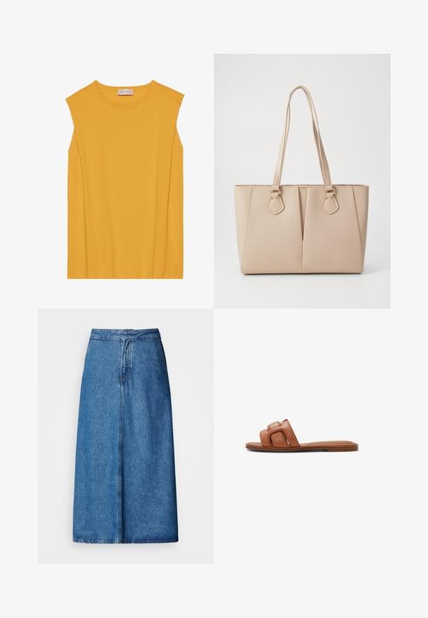 Haut sans manches jaune en coton doux, avec un col rond et une coupe droite, agrémenté de coutures discrètes le long des bords.; Jupe midi en denim à coupe décontractée, avec une taille haute, un ourlet effiloché et une couleur bleu uni. Design simple sans ornements visibles.; Sandales à glissière en cuir marron avec une large sangle texturée au design carré et une semelle plate marron. Style minimaliste et ouvert.; Sac fourre-tout beige en faux cuir texturé, doté de poignées doubles et d'accents en métal doré. Le design présente un détail avant fendu.