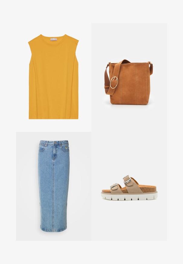 Yellow sleeveless top made of soft cotton, featuring a round neckline and straight cut, with subtle stitching along the edges.; Denim midi skirt in light blue with a straight silhouette, front button closure, and side pockets. Features subtle stitching and a branded patch.; Beige slide sandals featuring two adjustable straps, cork midsole, and white rubber outsole with a textured pattern.; Camel-colored suede handbag with a flat, rectangular shape, featuring a wide leather strap and a large, circular metal buckle.