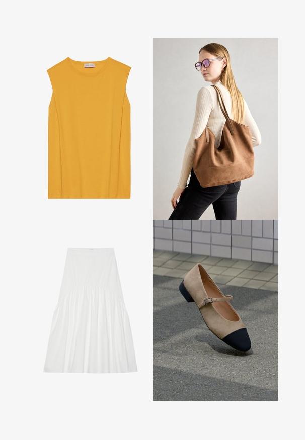 Haut sans manches jaune en coton doux, avec un col rond et une coupe droite, agrémenté de coutures discrètes le long des bords.; Jupe blanche, arrivant au genou, en coton. Présente des détails froncés à la taille, une texture lisse et une silhouette A-line simple et classique.; Chaussure Mary Jane en daim beige avec embout rond noir et petite bride à boucle, présentée sur une surface extérieure pavée.; Sac fourre-tout en daim marron avec une texture douce, grande ouverture et longues sangles. Présente un design simple avec des coutures visibles et sans matériel.