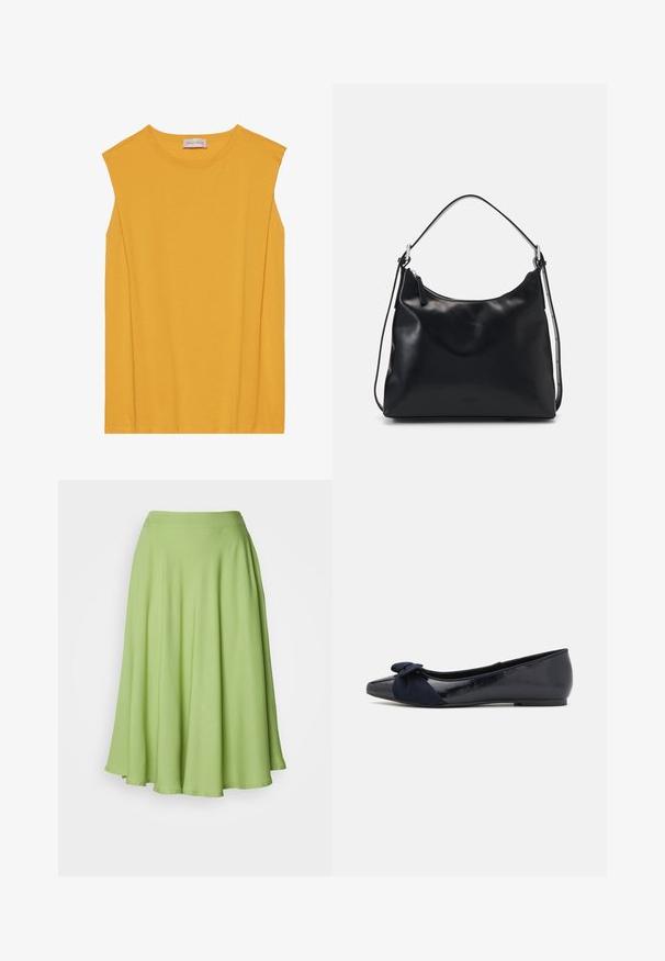 Haut sans manches jaune en coton doux, avec un col rond et une coupe droite, agrémenté de coutures discrètes le long des bords.; Jupe midi en forme A en tissu vert vif. Texture lisse avec une taille large et une silhouette fluide.; Ballerines navy avec une finition laquée brillante et un détail en suède texturé en forme de nœud sur le bout, présentant un bout rond et une semelle plate.; Une jeune femme aux longs cheveux noirs est assise sur un bloc en bois, vêtue d'une tenue crème, tenant un sac à bandoulière en cuir noir croisé sur la poitrine.
