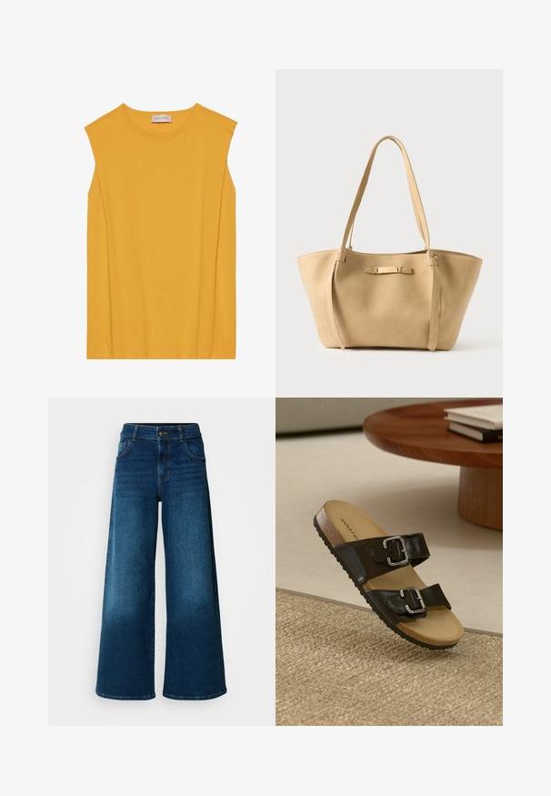 Top sin mangas amarillo hecho de algodón suave, con cuello redondo y corte recto, con costuras sutiles a lo largo de los bordes.; Jeans de pierna ancha hechos de denim azul oscuro. Presentan una cintura alta, cierre de botón y un diseño clásico de cinco bolsillos con un ligero desgaste.; Sandalia negra de dos tiras con hebillas plateadas, plantilla de corcho y suela de goma. Acabado mate en las tiras, exhibida sobre una superficie texturizada y tejida.; Bolso tote de cuero beige con dos asas largas, textura suave y un sutil detalle metálico en el frente. Diseño con abertura superior, interior espacioso.