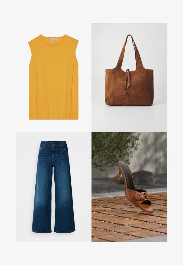Haut sans manches jaune en coton doux, avec un col rond et une coupe droite, agrémenté de coutures discrètes le long des bords.; Jean large en denim bleu foncé. Doté d'une taille haute, d'une fermeture à bouton et d'un design classique à cinq poches avec une légère décoloration.; Mule à talon haut en cuir marron avec détail boucle, marquée « Guess » sur la semelle intérieure, posée sur des carreaux en bois à motifs avec de la verdure et un mur en béton en arrière-plan.; Sac fourre-tout en daim marron avec deux longues poignées, fermeture à cordon et texture lisse. Présente un design simple et des accents minimaux.