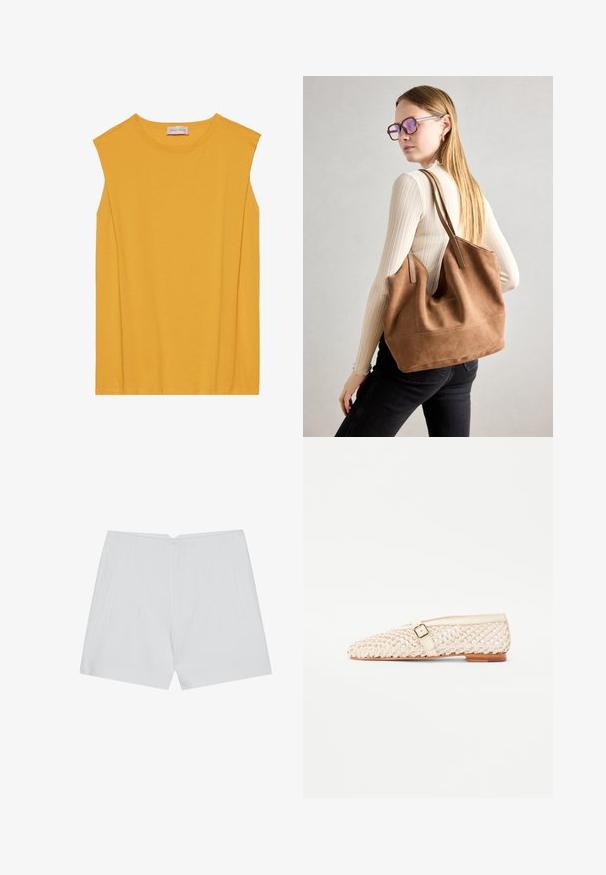 Gul ærmeløs top lavet af blødt bomuld, med rund halsudskæring og lige snit, samt diskret syning langs kanterne.; Hvide shorts med et skræddersyet design, flad front, to sidelommer og en ren kant. Fremstillet af et glat stof uden synlige mønstre.; Vevet beige ballet flad sko med spids tå, læderrem og spænde detaljer, tekstureret overdel og lille brun hæl.; Brun ruskind tote taske med blød tekstur, stor åbning og lange stropper. Har et enkelt design med synlige syninger og ingen hardware.