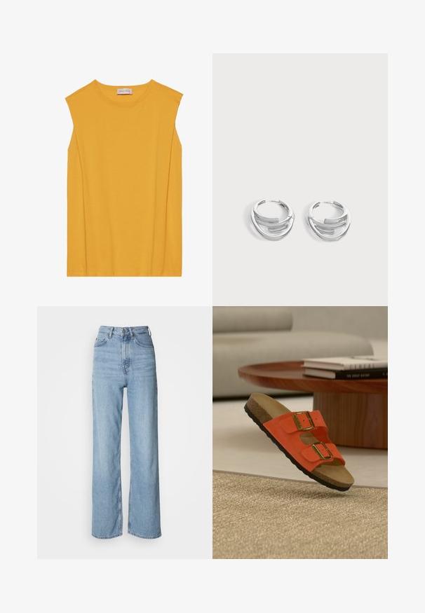 Haut sans manches jaune en coton doux, avec un col rond et une coupe droite, agrémenté de coutures discrètes le long des bords.; Jean taille haute bleu clair avec une jambe droite, en denim, présentant une fermeture à bouton sur le devant et des détails de décoloration subtils.; Sandale orange à deux brides avec boucles dorées et semelle en liège flottant au-dessus d'un tapis beige tissé, table ronde en bois et livres en arrière-plan.; Paire de boucles d'oreilles anneaux en argent poli avec un design de barre incurvée superposée sur un fond clair uni.