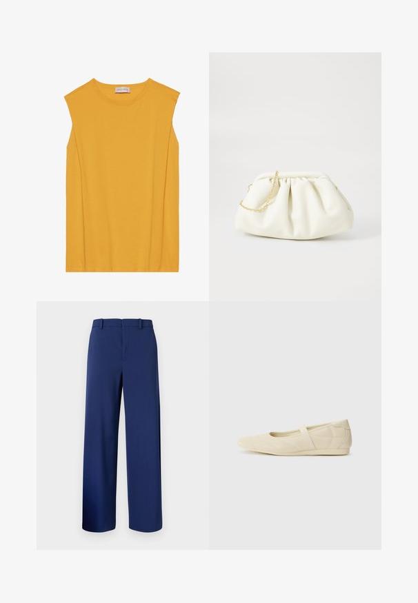 Haut sans manches jaune en coton doux, avec un col rond et une coupe droite, agrémenté de coutures discrètes le long des bords.; Pantalons taillés bleu marine, en tissu lisse, présentant un design à jambe droite, des passants de ceinture et une fermeture éclair à l'avant avec un crochet.; Ballerines beiges avec une exterior en cuir lisse, un bout en forme d'amande et une sangle élastique sur le coup de pied, avec des détails de couture subtils.; Sac à main en cuir blanc avec un design plissé, doté d'une bandoulière en chaîne dorée et d'une forme arrondie. Texture lisse avec des plis doux et sans motifs.