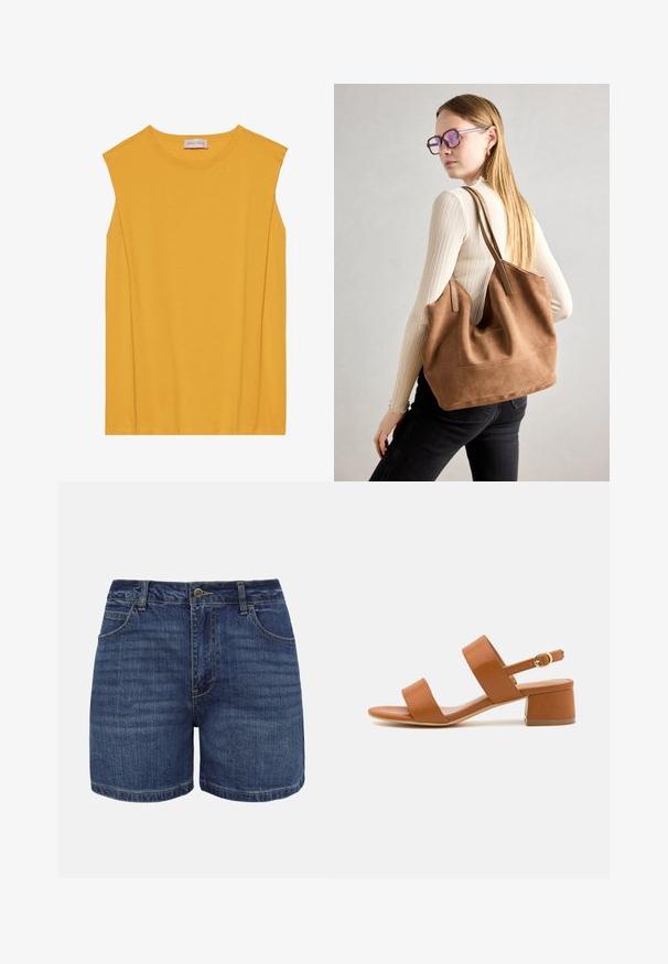 Haut sans manches jaune en coton doux, avec un col rond et une coupe droite, agrémenté de coutures discrètes le long des bords.; Shorts en denim bleu foncé avec bouton frontal, fermeture éclair, passants pour ceinture et poches avant, présentés sur un fond blanc.; Sandale en cuir marron avec deux larges brides, bout ouvert et un petit talon carré. Présente une bride de cheville réglable avec une boucle galvanisée en or.; Sac fourre-tout en daim marron avec une texture douce, grande ouverture et longues sangles. Présente un design simple avec des coutures visibles et sans matériel.