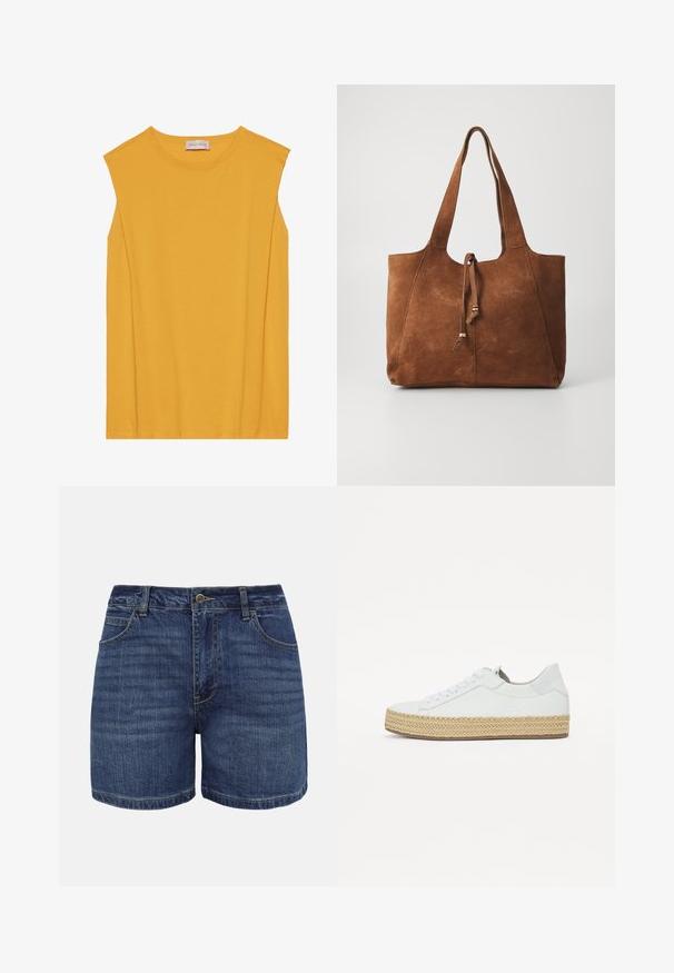Haut sans manches jaune en coton doux, avec un col rond et une coupe droite, agrémenté de coutures discrètes le long des bords.; Shorts en denim bleu foncé avec bouton frontal, fermeture éclair, passants pour ceinture et poches avant, présentés sur un fond blanc.; Baskets en cuir blanc avec une semelle plateforme en jute tressé, présentant un bout arrondi et un design à lacets, mettant en avant une texture lisse et un style minimaliste.; Sac fourre-tout en daim marron avec deux longues poignées, fermeture à cordon et texture lisse. Présente un design simple et des accents minimaux.