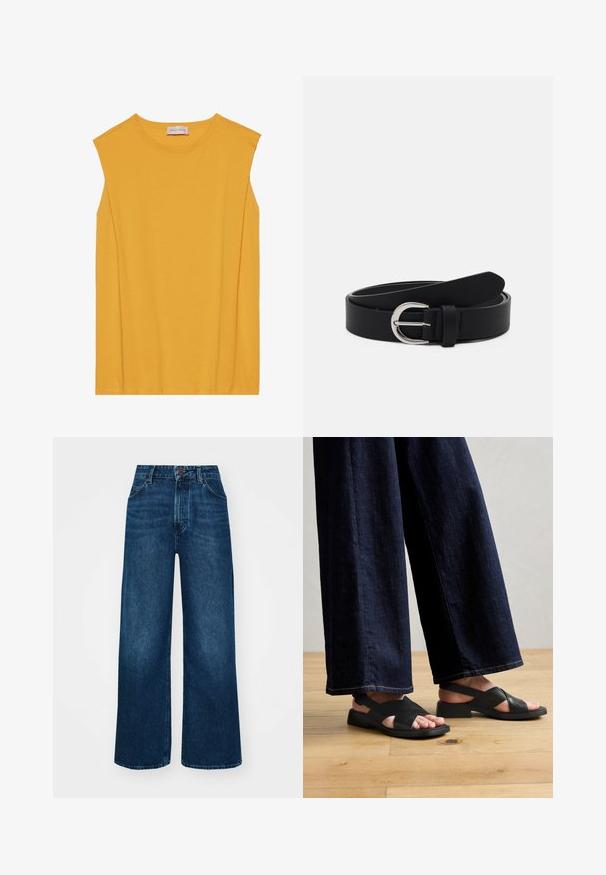Gul ærmeløs top lavet af blødt bomuld, med rund halsudskæring og lige snit, samt diskret syning langs kanterne.; Højtaljede, brede jeans i mørkeblå denim med en glat tekstur, kontrastsyninger og design med fem lommer. Lukning foran med knap.; Sorte lædersandaler med et krydsdesign, flad sål og minimal hardware, parret med vide mørke denim-bukser.; Sort læderbælte med en sølv rund spænde, flad design, spids ende, glat tekstur og minimalistisk stil.