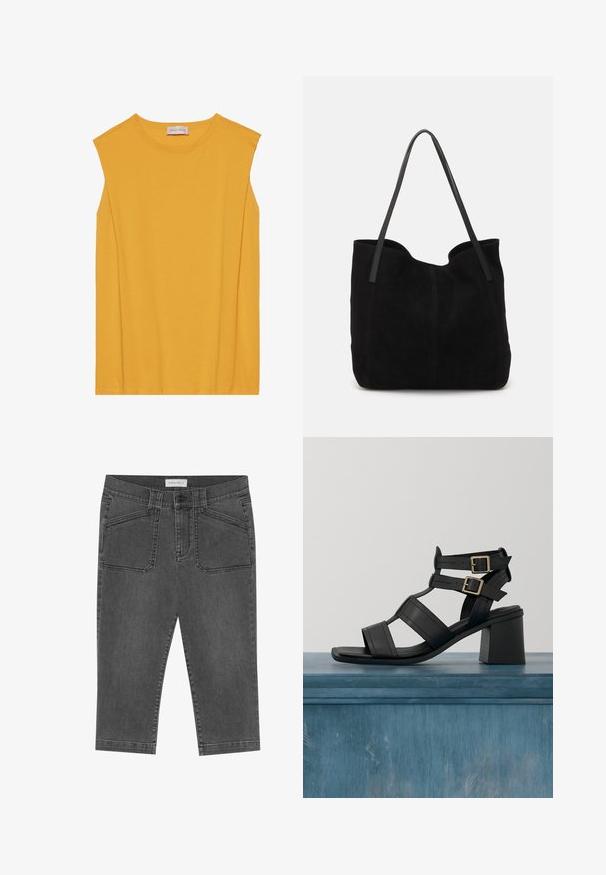 Haut sans manches jaune en coton doux, avec un col rond et une coupe droite, agrémenté de coutures discrètes le long des bords.; Pantalons capri en denim gris au design ajusté, avec poches avant, fermeture à bouton et une texture légèrement usée.; Les sandales à talons noires présentent des lanières en cuir lisse et un design à bout carré. Deux boucles dorées rehaussent les brides de cheville.; Sac fourre-tout en suède noir avec deux longues anses en cuir plates. Présente un bord supérieur incurvé et des coutures visibles sur le devant. Pas d'accents en métal.