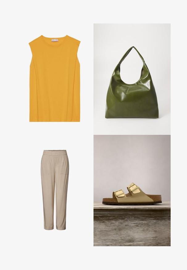 Top sin mangas amarillo hecho de algodón suave, con cuello redondo y corte recto, con costuras sutiles a lo largo de los bordes.; Pantalones beige con cintura elástica, dos bolsillos frontales, diseño de pierna entallada y textura suave. Adecuados para un uso casual o relajado.; Sandalia metálica dorada de dos correas con hebillas ajustables, plantilla de corcho y suela de goma texturizada. Presenta un diseño de punta abierta y talón descubierto.; Bolsa hobo verde de cuero con un diseño suave, asa curvada y textura lisa. No contiene hardware visible ni acentos.