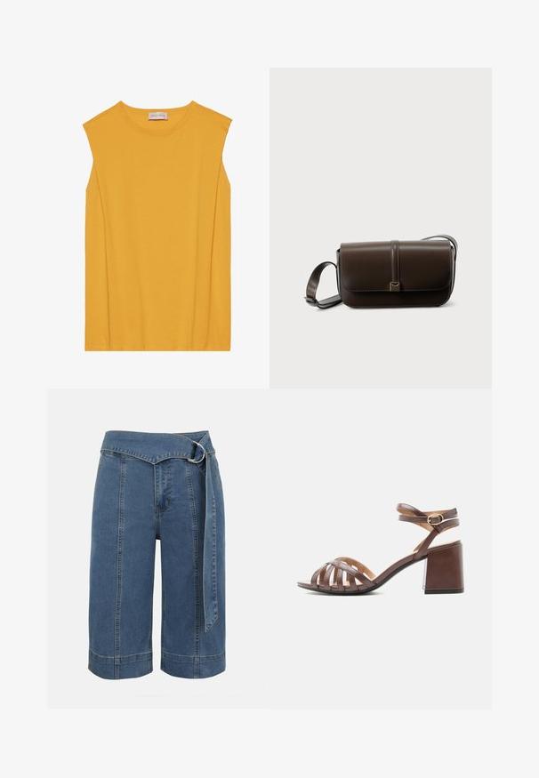 Haut sans manches jaune en coton doux, avec un col rond et une coupe droite, agrémenté de coutures discrètes le long des bords.; Short en jean bleu à jambes larges avec des détails de coutures sur le devant et une ceinture en tissu assortie avec boucle en D argentée.; Sandale en cuir marron pour femme avec plusieurs brides à l'avant, bride à boucle à la cheville et talon bloc sur fond blanc.; Sac bandoulière en cuir marron avec fermeture à rabat, garniture en métal doré et sangle réglable. Texture lisse avec un seul détail de couture.