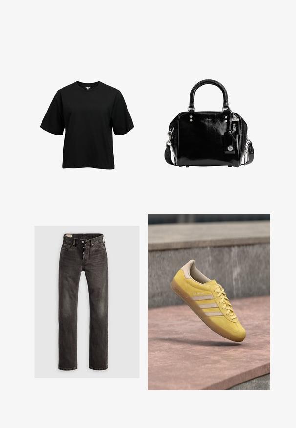 Object Loose Fit - T-shirt basic - black; Donkergrijze rechte jeans van denim, met een knoopsluiting, vijf zakken en subtiele vervaging op de stof.; Gele suède sneaker met een ronde neus, veterfront en drie beige strepen aan de zijkant. Heeft een contrasterende beige hiel en een gewatteerde binnenkant.; Zwarte lakleren Coach handtas met dubbele handvatten, een afneembare schouderriem en merklabels aan de sleutelhanger.