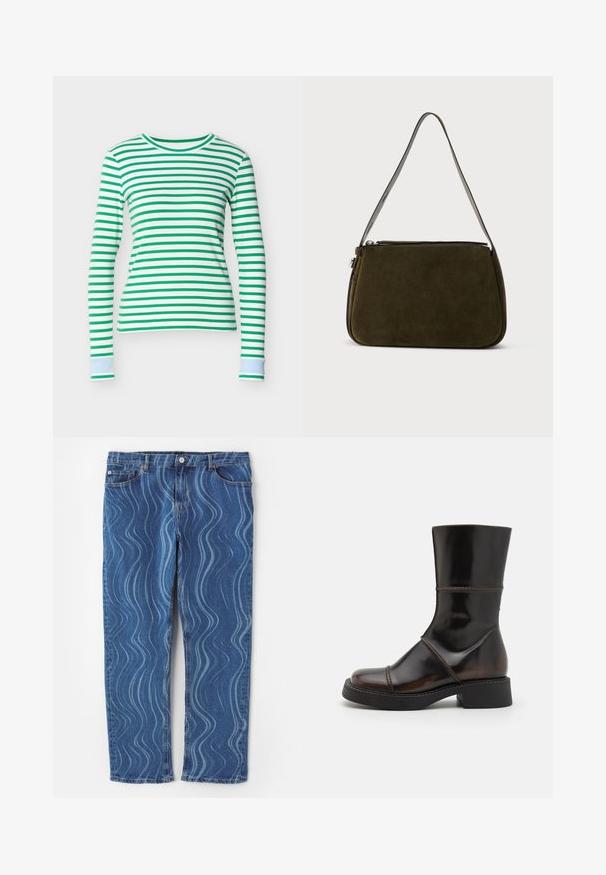 Chemise à manches longues rayée vert et blanc avec un col rond et des poignets bleu clair, fabriquée en matériau doux et extensible.; Jeans en denim bleu avec un motif ondulé bleu clair, coupe droite, fermeture à bouton et détails cousus sur les poches.; MIISTA DAHLIA - Bottes à plateau - brown; Petit sac à main en daim vert foncé avec une forme incurvée simple et une bandoulière unique en cuir gris réglable.