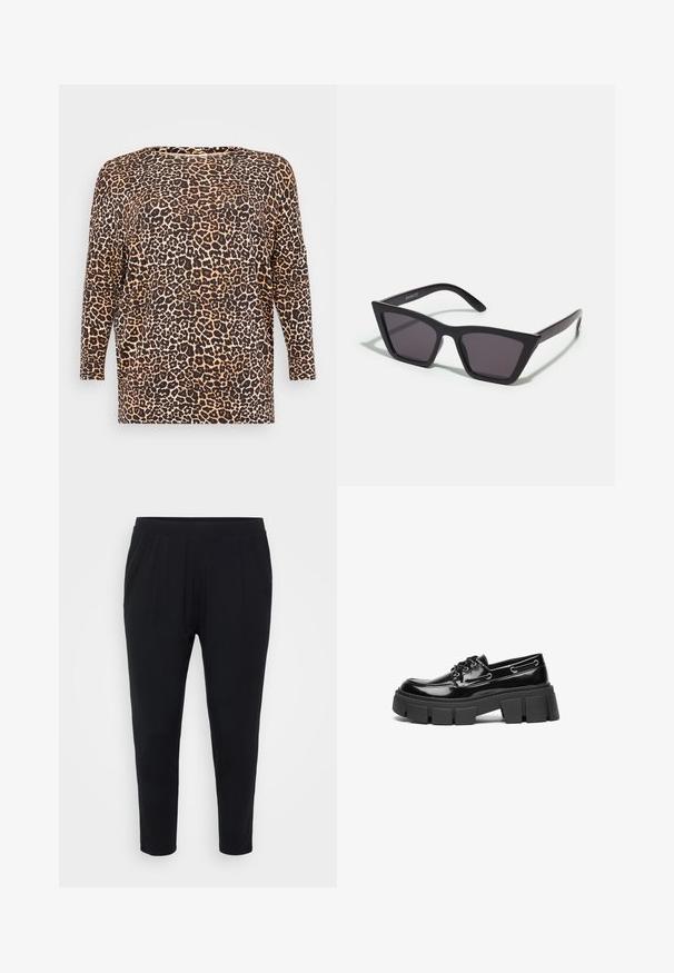 Top de manga larga con estampado de leopardo que presenta un corte holgado, escote redondo y una tela suave y texturizada en tonos marrones y beige.; Pantalones negros de corte relajado, con cinturilla elástica y suaves pliegues. Confeccionados en una tela suave, con piernas ajustadas y sin bolsillos.; Mocasin de charol negro con una suela de plataforma chunky negra y ojales decorativos. Textura suave con punta redondeada y detalle de cordones.; Gafas de sol negras y angulares con lentes grises; fabricadas en plástico, con varillas gruesas de superficie suave y sin herrajes visibles.