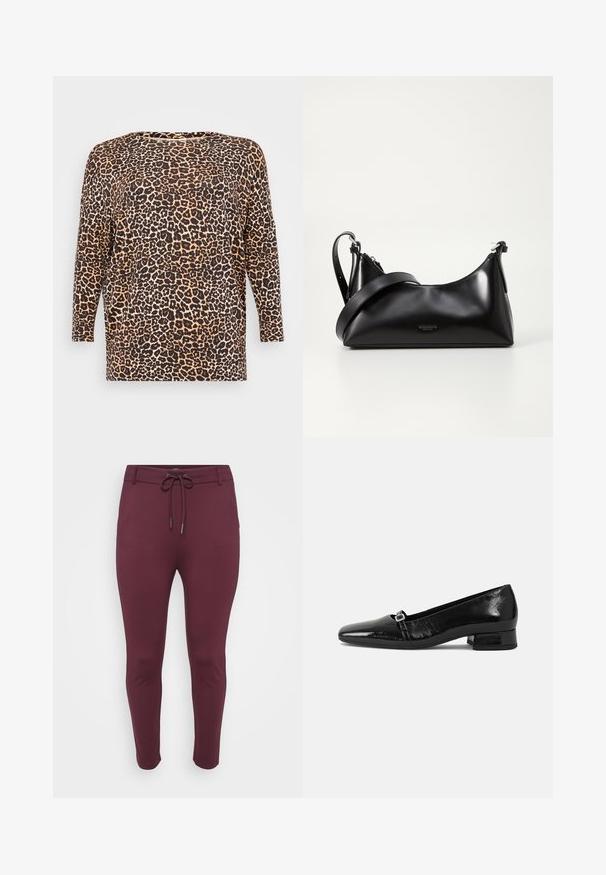 Top de manga larga con estampado de leopardo que presenta un corte holgado, escote redondo y una tela suave y texturizada en tonos marrones y beige.; Pantalones elásticos burdeos con cintura ajustable, que presentan un diseño ajustado y piernas ceñidas, exhibidos sobre un fondo blanco.; Bailarinas de charol negro con punta afilada, tacón cuadrado bajo y un pequeño detalle de hebilla metálica en la correa. Textura suave.; Bolso de mano de cuero negro con una textura suave. Cuenta con una correa ajustable y un diseño elegante y minimalista con cierre de cremallera.