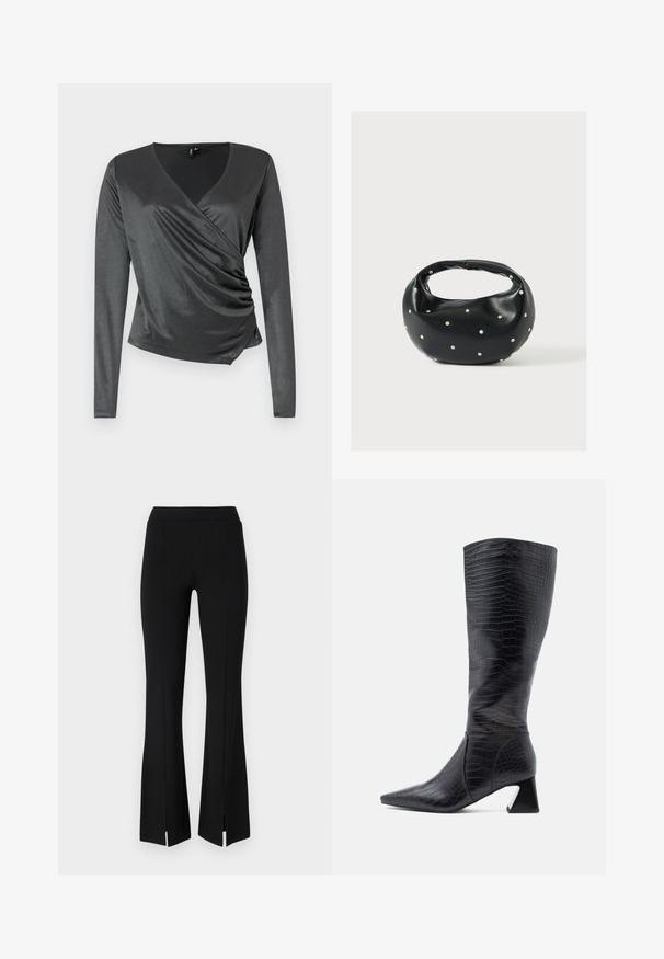 Haut gris à manches longues en tissu lisse et extensible avec un design enveloppant et un détail froncé à la taille. Décolleté en V.; Pantalons évasés noirs en tissu extensible, avec une taille haute et des fentes au niveau des chevilles pour plus de détails et de mouvement.; Bottes noires montantes jusqu'au genou avec un bout pointu, en cuir synthétique texturé effet crocodile ; elles présentent un talon épais et une finition lisse.; Sac à main en cuir noir de forme arrondie, décoré de clous argentés et équipé d'une poignée courte. Texture lisse et fermeture éclair.