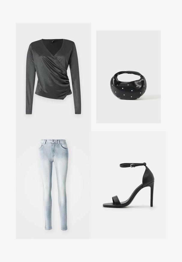 Grå langærmet top lavet af glat, strækbart stof med en indsvungen design og samlede detaljer ved taljen. V-hals.; Lysblå skinny jeans lavet af denim, med høj talje, fem lommer og let fading langs lårene. Slidt kantdetalje.; Sort højhælet sandal med et sleek design, der har en ankelrem, åben tå og glat lædertekstur.; Sort læderhåndtaske med en rundet form, dekoreret med sølvnitter, og et kort håndtag. Glat tekstur og lynlåslukning.