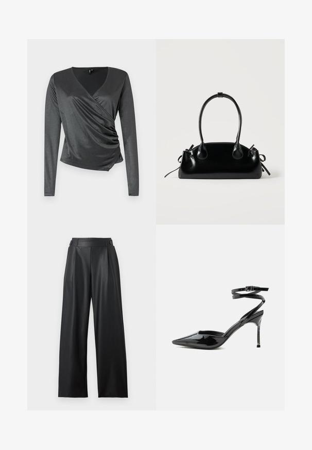 Top gris de manga larga fabricado en una tela suave y elástica con un diseño cruzado y detalle fruncido en la cintura. Escote en forma de V.; Pantalones anchos de cuero sintético negro con cintura alta, detalles de botones en la cintura y pliegues delanteros.; Tacón stiletto de charol negro con punta puntiaguda, tiras finas en el tobillo y cierre pequeño de hebilla.; Pequeño bolso negro brillante con dos asas largas y detalles de cordón lateral sobre un fondo claro liso.