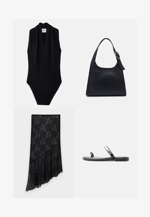 Bodysuit sans manches noir avec un décolleté en V profond et des détails froncés au col. Fabriqué en tissu lisse et extensible. Design minimaliste.; Jupe asymétrique en dentelle noire transparente avec motif floral et ourlet diagonal superposé, présentée sur un fond clair uni.; Sandale plate noire avec fines lanières et accent ovale doré, design à boucle pour les orteils, sur un fond gris clair uni.; Sac en cuir noir avec une texture lisse, un corps arrondi et une seule anse, ornée d'un accent en métal doré rond.