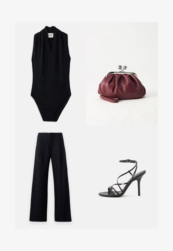 Body negro sin mangas con un profundo escote en V y detalle recogido en el cuello. Fabricado con una tela suave y elástica. Diseño minimalista.; Pantalones negros con rayas en pinstripe y un diseño de pierna ancha, que presentan pliegues marcados y un acabado limpio. Fabricados con una tela suave y liviana.; Sándalo negro de tacón alto con tiras finas, hebilla en el tobillo, superficie de cuero suave y tacón de aguja esbelto.; Pequeño bolso de mano de cuero burdeos con cierre metálico plateado y correa de muñeca sobre un fondo blanco.