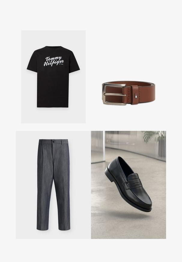 T-shirt noir à manches courtes avec col rond, texte blanc "Tommy Hilfiger EST. 1985" en police cursive centré sur la poitrine.; Pantalon formel gris foncé à coupe droite, passants de ceinture, plis à l’avant et fermeture par bouton à la taille.; Mocassin en cuir noir à texture lisse, bout pointu et bande décorative sur le cou-de-pied. Semelle légère, design minimaliste.; Ceinture en cuir marron avec boucle en métal argenté et petit emblème rectangulaire aux couleurs rouge, blanc et noir sur la boucle de ceinture.