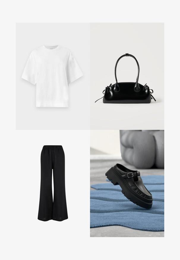 Απλό λευκό oversized κοντομάνικο T-shirt με στρογγυλή λαιμόκοψη, εμφανίζεται επίπεδα σε ανοιχτό γκρι φόντο.; Μαύρο παντελόνι με φαρδιά μπατζάκια φτιαγμένο από ελαφρύ ύφασμα. Διαθέτει ελαστική μέση και σχέδιο που ρέει έως το πάτωμα.; Μαύρο δερμάτινο μοκασίνι με χοντρή σόλα και ασημένια πόρπη, τοποθετημένο διαγώνια πάνω σε μπλε υφασμάτινο χαλί.; Μικρή μαύρη γυαλιστερή τσάντα με δύο μακριές λαβές και λεπτομέρειες με ρυθμιζόμενο κορδόνι στο πλάι σε απλό ανοιχτό φόντο.
