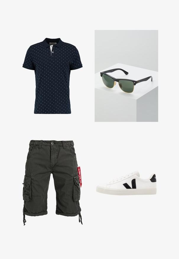 Navyblaues Poloshirt aus Baumwolle mit einem kleinen weißen Blattmuster, einer Knopfleiste mit zwei Knöpfen und kurzen Ärmeln mit umgeschlagenen Bündchen.; Dunkelgrüne Cargo-Shorts aus strapazierfähigem Material, mit mehreren Seitentaschen, einem Kordelzugsaum und einem roten Etikettakzent.; Weiße Leder-Sneaker mit schwarzen Wildlederelementen; verfügen über eine Gummisohle, eine runde Spitze und ein klassisches Schnürdesign. Seitliches Logo in Schwarz.; Ray-Ban Sonnenbrillen mit grünen Gläsern, schwarzen Kunststoffrahmen und goldenen Akzenten an den Rändern. Quadratische Form mit matter Oberfläche.