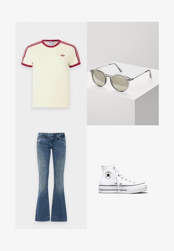 Crèmewit Adidas T-shirt met korte mouwen, rode geribbelde kraag, mouwuiteinden, drie rode strepen op de schouders en een rood Adidas trefoil-logo op de borst.; Aangelote blauw-denim spijkerbroek met een vervaagde was, voorzien van voorzakken, een knoopsluiting en subtiele slijtage op de knie.; Witte hoge Converse Chuck Taylor All Star sneaker met zwart logopatch en witte veters, weergegeven op een witte achtergrond.; Ronde zonnebrillen met transparante grijze monturen en grijs-getinte lenzen. Metalen accenten op de veren en gebogen armen voor stabiliteit.