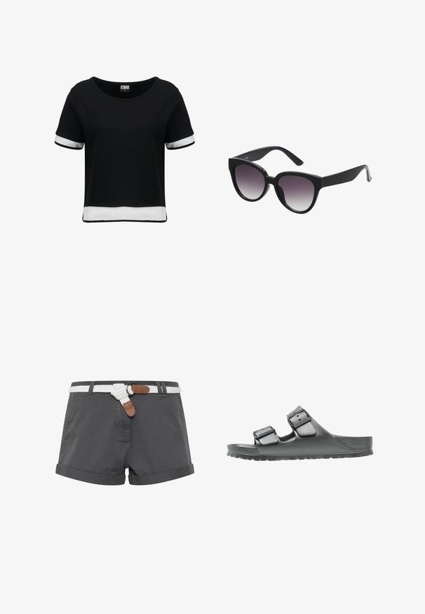 T-shirt noir court à manches courtes, avec des accents en maille blanche sur les manches et l'ourlet. Tissu lisse ; encolure arrondie.; Shorts en coton gris avec ourlets roulés, dotés d'une ceinture tressée blanche et d'accents en cuir marron. Détails de couture visibles sur le tissu.; Sandale grise avec deux sangles réglables, finition texturée, semelle large et semelle anatomique pour le confort. Design léger et flexible.; Lunettes de soleil noires en forme d'œil de chat avec des verres gris dégradés. Monture épaisse en plastique brillant et branches effilées. Aucune marque ou ornement visible.