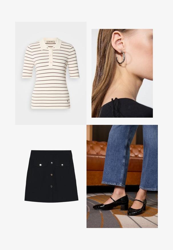 Rippiertes Poloshirt in Creme mit braunen horizontalen Streifen. Verfügt über einen Kragen, eine Knopfleiste und kurze Ärmel. Subtiler Logo-Detail am Saum.; Schwarzer Jeans-Minirock mit geradem Schnitt, ausgestattet mit zwei Brusttaschen, fünf silbernen Knopfverschlüssen auf der Vorderseite und einer glatten Textur.; Schwarze Lackleder-Pumps mit spitzem Zehenbereich, Blockabsatz und Knöchelriemen, getragen mit weit geschnittenen Jeans auf einem gemusterten Teppich.; Silberne Creolen mit polierter Oberfläche, die kleine goldene Akzentdetails und eine runde Form aufweisen, am Ohrläppchen getragen.