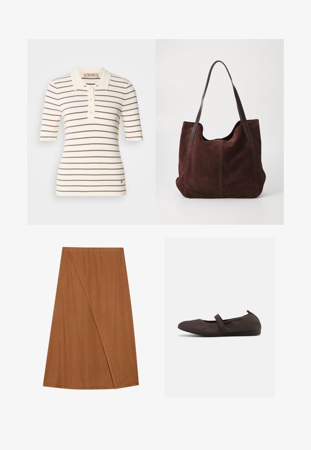 Polo shirt côtelé crème avec des rayures horizontales marron. Doté d'un col, d'une patte de boutonnage et de manches courtes. Détail de logo discret à l'ourlet.; Jupe enroulée marron, mi-longue, en tissu doux. Caractérisée par un design asymétrique avec un détail de couture sur le côté et une texture lisse.; Ballerine marron avec bride élastique et bout arrondi, présentée sur fond blanc, vue de côté.; Sac fourre-tout en daim marron avec deux anses en cuir noir. Texture douce, haut arrondi et un intérieur spacieux. Aucun matériel ou embellissement visible.