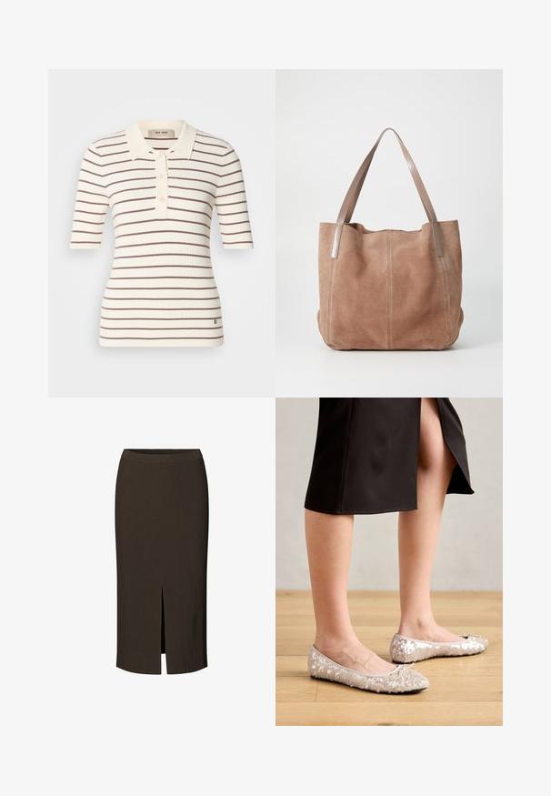 Polo shirt côtelé crème avec des rayures horizontales marron. Doté d'un col, d'une patte de boutonnage et de manches courtes. Détail de logo discret à l'ourlet.; Modström SKIRT - Jupe crayon - dark coffee; Ballerines en sequins beiges avec un bout rond, ornées d'un accent nœud, associées à une jupe noire, exposées sur un sol en bois.; Anna Field by Zalando LEATHER - Cabas - taupe