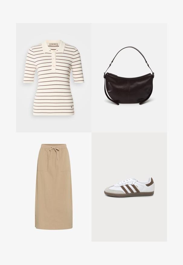 Polo shirt côtelé crème avec des rayures horizontales marron. Doté d'un col, d'une patte de boutonnage et de manches courtes. Détail de logo discret à l'ourlet.; Jupe en coton beige avec une taille à cordon, deux poches latérales, coupe droite et fentes sur les côtés pour plus de liberté de mouvement. Texture lisse.; Basket Adidas Samba blanche et marron avec trois bandes marron, lacets et semelle texturée, vue de côté sur fond uni.; Sac à épaule en cuir marron foncé avec une forme courbe, texture lisse et une seule sangle réglable. Doté d'une fermeture éclair.