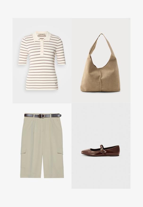Rippiertes Poloshirt in Creme mit braunen horizontalen Streifen. Verfügt über einen Kragen, eine Knopfleiste und kurze Ärmel. Subtiler Logo-Detail am Saum.; Beige Cargo-Shorts mit entspanntem Schnitt, ausgestattet mit zwei seitlichen Taschen und einem braunen Gürtel mit runder Schnalle, glatte Stoffstruktur.; Braune Lackleder-Ballerinas mit quadratischer Zehenform und Riemen mit einer kleinen goldenen Schnalle. Glatte Textur, niedriger Absatz und minimalistisches Design.; Hobo-Tasche aus weichem beigen Wildleder mit einer lässigen Form, breitem Schulterriemen und einer handgestickten Nahtdetail entlang der Vorderseite.