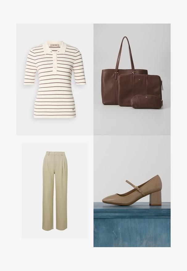 Polo shirt côtelé crème avec des rayures horizontales marron. Doté d'un col, d'une patte de boutonnage et de manches courtes. Détail de logo discret à l'ourlet.; Pantalons larges beiges en tissu lisse, avec des plis à l'avant, une taille cintrée et des poches latérales. Finition du bas propre.; Escarpin en cuir beige à talon bloc avec bout arrondi et une bride décorative avec une boucle dorée. Texture lisse, design minimaliste.; Sac en cuir marron avec deux pochettes assorties ; le sac a de longues poignées, tandis que les pochettes ont des fermetures éclair et des tailles variées. Accents dorés inclus.