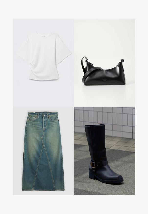 Hvid oversized T-shirt med korte ærmer og rund hals vist på en lysegrå baggrund.; Denim nederdel med høj talje i mellemblå. Har en markant frontnaht, sideskår og standard fem-lomme design.; Sort midt på læggen læderstøvle med lav hæl og dekorativ rem med metalspænde, stående på en grå belagt overflade nær en flisevæg.; Sort læderhåndtaske med en glat tekstur. Har en justerbar stropp og et enkelt, minimalistisk design med lynlås.