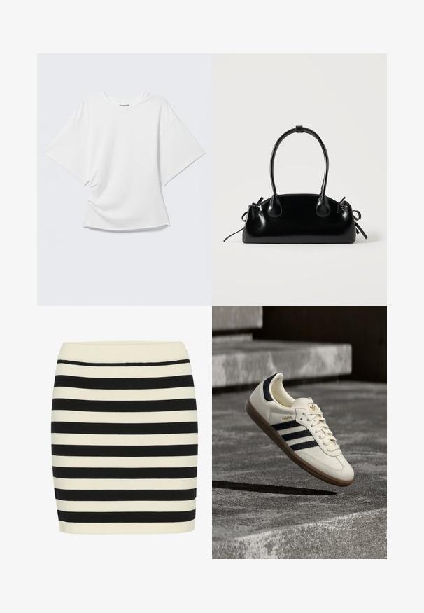 Hvid oversized T-shirt med korte ærmer og rund hals vist på en lysegrå baggrund.; Sort og creme stribet strikskørt, tætsiddende pasform, med ribbet talje. Vandre striber skifter bredde for visuel tekstur.; Hvid Adidas Samba sneaker med sorte striber og gummsål, svævende over teksturerede grå betonstrin.; Lille sort blank håndtaske med to lange håndtag og snøre-detaljer i siden på en ensfarvet lys baggrund.