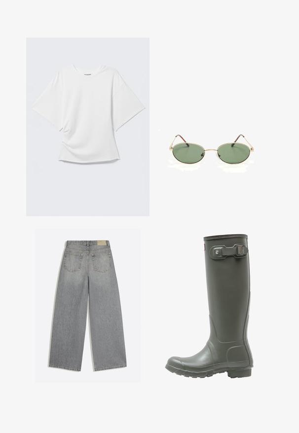Hvid oversized T-shirt med korte ærmer og rund hals vist på en lysegrå baggrund.; Grå vidbenede denimjeans der viser bagsiden med to lommer og bæltestropper lagt fladt på hvid baggrund.; Grønne gummistøvler i knæhøjde med en tekstureret sål, rund tå, justerbar spænde på siden og glat finish.; Ovære solbriller med guldramme i metal og grøntonede linser med tynde arme, der hviler på en hvid overflade.