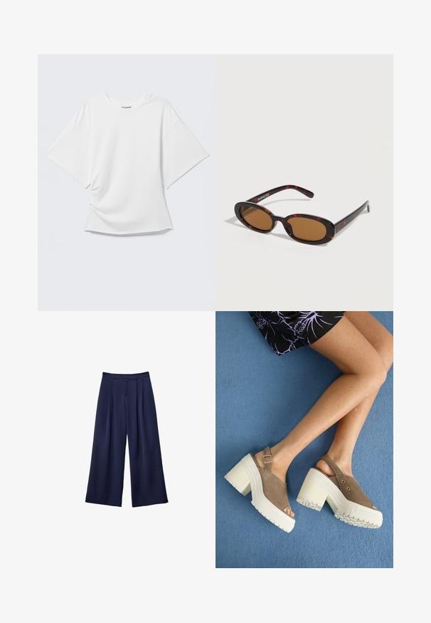 Weißes kurzärmeliges Oversized T-Shirt mit Rundhalsausschnitt, dargestellt vor hellem grauem Hintergrund.; Marineblaue weite Hosen mit Falten, Knopfverschluss und Gürtelschlaufen, flach auf einem weißen Hintergrund präsentiert.; Braune Wildleder-Plateausandalen mit klobigen weißen Absätzen, ausgestattet mit einem verstellbaren Knöchelriemen und goldenen Akzenten. Strukturierte Gummisohle für guten Halt.; Oval geformte Sonnenbrille im Schildpatt-Design mit braunen getönten Gläsern und dünnen Bügeln, liegend auf einer weißen Oberfläche.