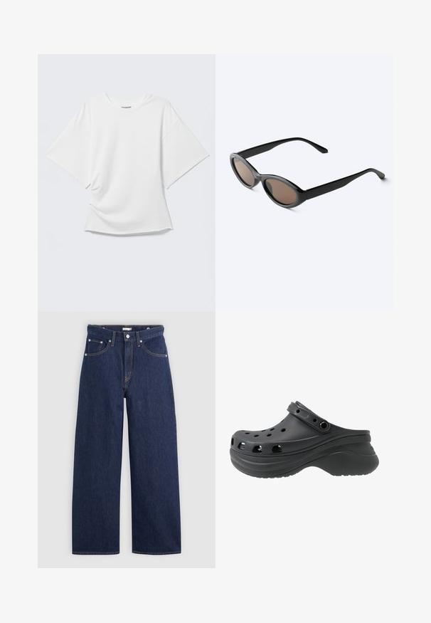 Hvid oversized T-shirt med korte ærmer og rund hals vist på en lysegrå baggrund.; Mørkeblå denim brede ben jeans med høj talje, der har fem lommer, bæltestropper og detaljer med kobber stikninger. Glat tekstur.; Sort klipklap med perforerede sidehuller, lavet af et letvægts plastmateriale. Har en bagrem og en struktureret sål.; Sorte solbriller med oval ramme og mørke tonede linser, vist i en let vinkel på en hvid overflade.
