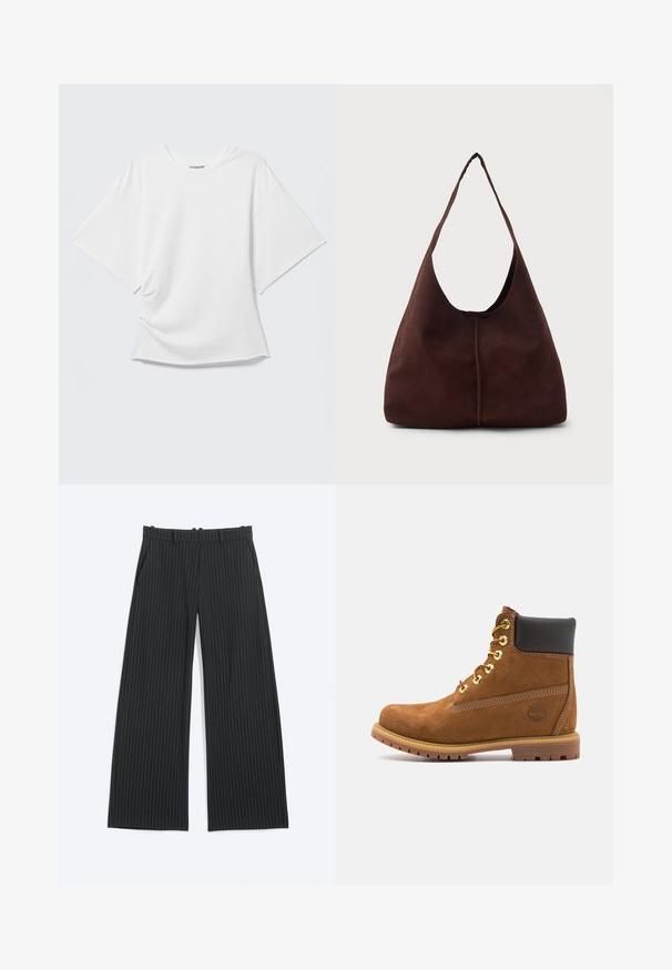 Wit oversized T-shirt met korte mouwen en ronde hals, weergegeven op een lichtgrijze achtergrond.; Zwarte broek met wijde pijpen en dunne witte krijtstrepen, met riemlussen, voorzakken en een onzichtbare voorsluiting.; Bruine suède enkellaars met zwarte gewatteerde kraag, gouden oogjes, vetersluiting aan de voorkant en een rubberen zool met een gestructureerd patroon.; Bruine suède hobo tas met een grote, gebogen opening en een brede schouderband. Heeft een centrale naad aan de voorkant. Glad van structuur.