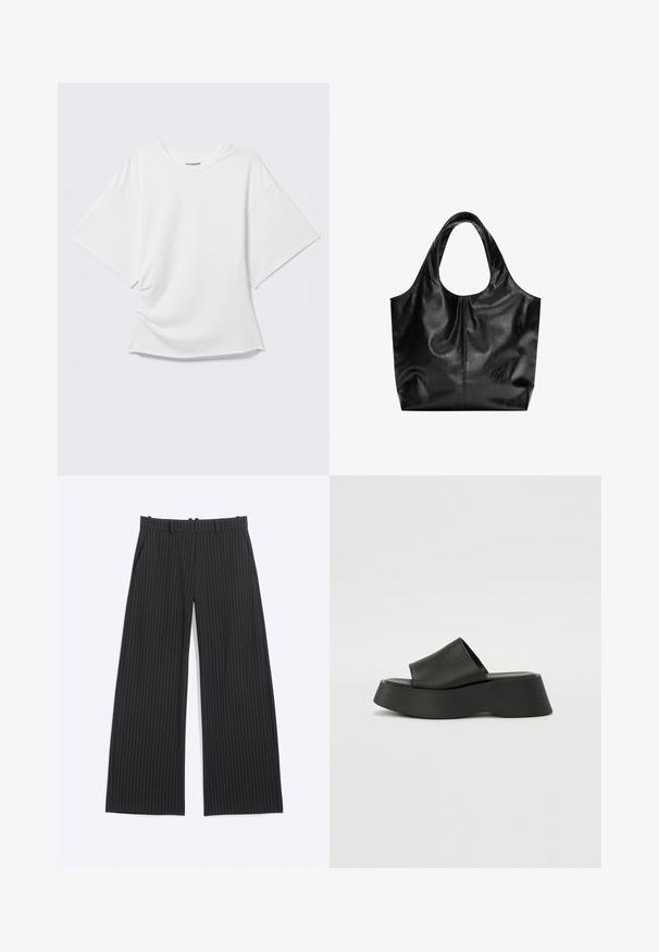 Weißes kurzärmeliges Oversized T-Shirt mit Rundhalsausschnitt, dargestellt vor hellem grauem Hintergrund.; Schwarze, weit geschnittene Hosen mit dünnen weißen Nadelstreifen, Gürtelschlaufen, seitlichen Taschen und einem verdeckten vorderen Verschluss.; Schwarze Plateausandalen mit einem breiten Riemen und einer klobigen Sohle. Aus glattem Material mit mattem Finish und ohne sichtbare Hardware gefertigt.; Schwarze Leder-Tote mit glatter Textur, weichem, abgerundetem Oberteil und breiten Tragegriffen. Merkmale minimale Nähte und eine lässige Silhouette.